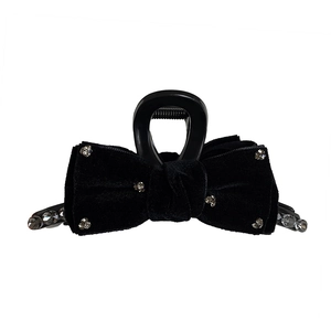 Elegant large black velvet bow hair claw clip with sparkling crystal rhinestone accents