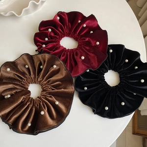 Oversized Velvet Artificial Pearl Scrunchies Women Elegant Double Layer Pleated Hair Ties Retro Hair Accessories Ponytail Holder