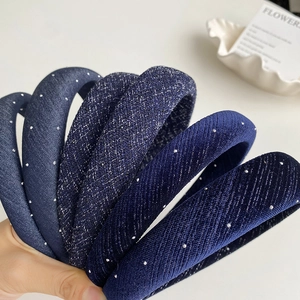 Serre-tête Rembourré Fait à la Main avec Strass Étoilés Élégant Style Coréen Bleu Marine Tissu Bijou de Tête Décoratif Femme