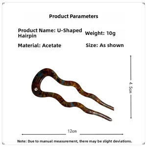 Detailed size specifications of tortoiseshell acetate U-shaped hair pin with rhinestone
