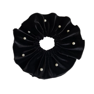 Oversized black velvet scrunchie with white pearl accents in a vintage french style
