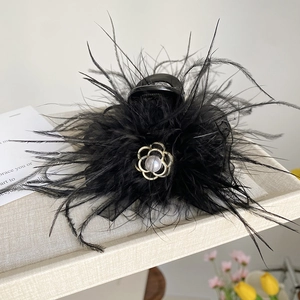 French Vintage Black Feather Camellia Hair Claw Clip With Faux Artificial Pearl Elegant Mesh Shark Clip For Women Hair Accessories