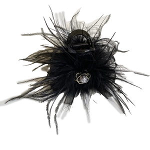 Elegant black feather hair claw clip with vintage metal flower and faux pearl accent