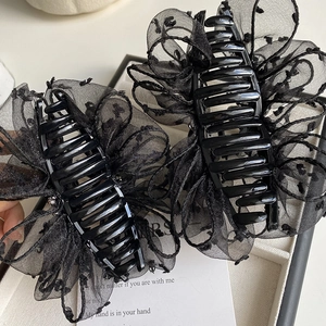 Elegant pair of black mesh cloud bubble shark hair clips with chic polka dot mesh patterns