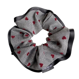 Retro heart polka dot scrunchie in grey denim with black satin trim for women