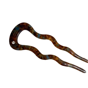 U-shaped acetate hair pin with vintage tortoise shell pattern and blue mineral spots