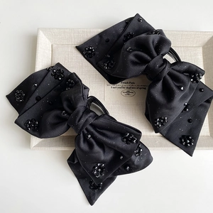 Elegant black satin bow hair clips with crystal beads for women, 2-piece set accessories