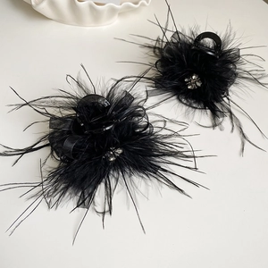 Elegant black feather hair claw clip set with rhinestone detail and fluffy design