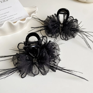 Elegant black feather hair claw clips with organza bows and rhinestones for women