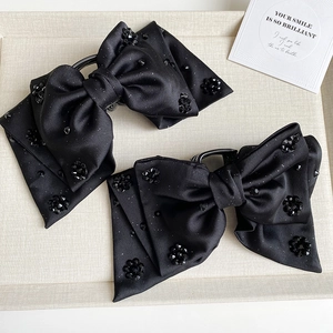 Vintage Black Satin Bow Hair Claw Clip With Rhinestone Flower For Women Elegant Large Bowknot Hair Accessories Hairpin Gift
