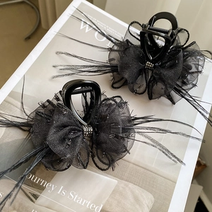 Elegant Black Feather Bow Hair Claw Clip For Women Mesh Fabric Rhinestone Shark Clip Stylish Retro Hair Accessories