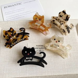 Pince à Cheveux Crabe Forme Chat en Acétate Avec Nœud en Strass Style Coréen Pince Requin Animale pour Femmes Filles