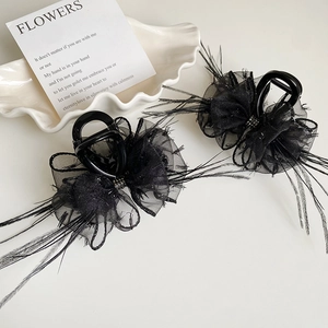 Elegant black feather hair claw clips with mesh bow and rhinestones for women