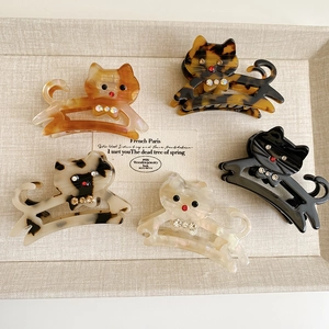 Lot de 5 pinces à cheveux chat en acétate avec strass, motifs écaille et marbre élégants