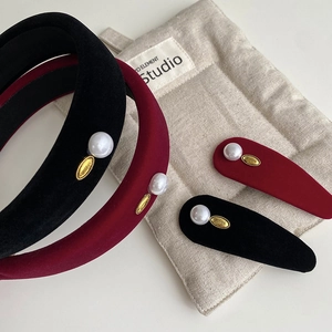 Elegant velvet pearl headbands and clips set in burgundy and black with gold accents