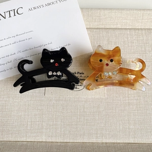 Détails de pinces à cheveux chat avec strass en acétate noir et couleur ambre