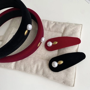 Elegant velvet pearl headbands and matching hair clips set in black and burgundy red colors