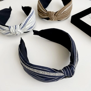 French vintage sea salt blue striped headband with wide knot design for women