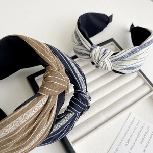 Vintage sea salt blue striped fabric headbands with twist knot and bohemian patterns