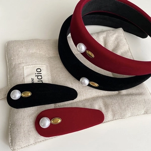 Vintage Elegant Velvet Padded Headband And Hair Clip With Artificial Pearl Embellishment For Women French Style Hair Accessories Red Black
