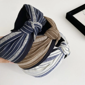 French vintage striped headband set in navy blue, brown and white for women's hair accessories