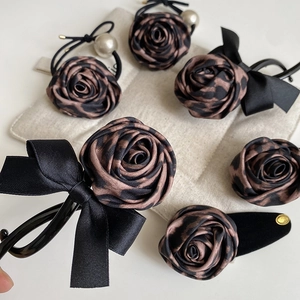 Vintage leopard rose hair clips and scrunchies set with silk texture and pearls