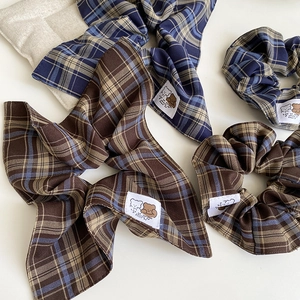 Luxe plaid scrunchie hair tie set with cute bear label and vintage Maillard pattern
