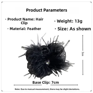 Detailed view of the 7cm black feather hair claw clip with crystal rhinestones dimensions