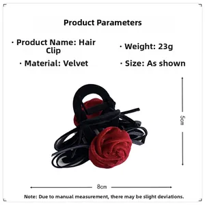 Detail showing red velvet rose hair claw dimensions of 8cm length and 23g weight