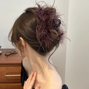 Elegant large purple feather hair claw clip for women's thick hair styling accessory