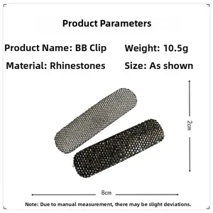 Detailed view of rhinestone hair clip specifications showing 8cm length and silver finish