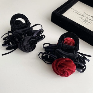 Elegant velvet rose butterfly hair claw clip for women in black and red vintage style