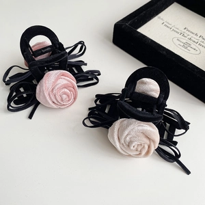 Elegant 8cm velvet rose hair claw clip with black silk ribbon bow for women hair styling
