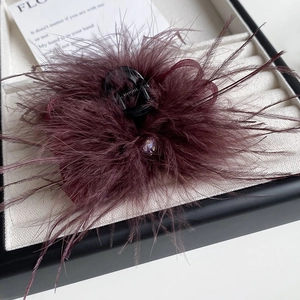 Elegant 7cm wine red feather hair claw clip with purple rhinestone and mesh bow