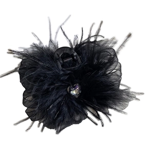 7cm Black feather hair claw clip with heart rhinestone and mesh for women