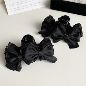 Élégante Pince à Cheveux Nœud Noir pour Femmes Style Français Ruban en Maille Grande Pince Requin Accessoires Cheveux