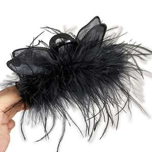 Elegant large black feather hair claw clip with mesh butterfly wings for thick hair styling