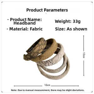 Detailed view showing vintage ink print sponge headbands with fabric specs and weight info