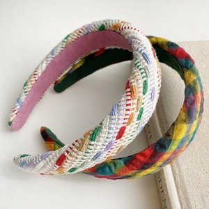 Korean Style Colorful Wide Brim Woven Padded Sponge Headband For Women Sweet Handmade Plaid Fabric Hair Hoop Accessory