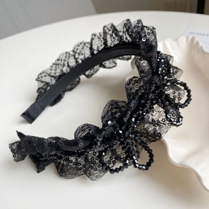 Serre-tête Vintage en Dentelle Noire à Paillettes et Perles Fleur en Strass Accessoire Cheveux Élégant pour Femme