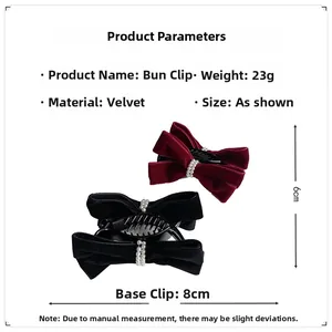 Detail view showing dimensions of velvet bow hair claws with pearl embellishments