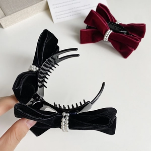 Elegant velvet bow hair claw with pearls in black and burgundy for chic hairstyles