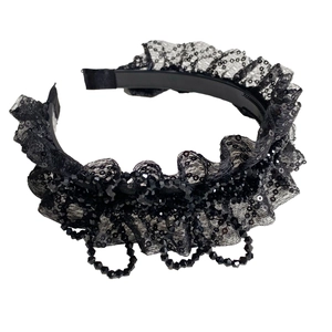 Serre-tête élégant en dentelle noire avec paillettes et chaîne de perles en cristal