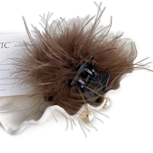 Pince à cheveux en plumes marron avec glands de perles et chaîne dorée élégante