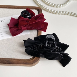 Elegant velvet double bow shark clips in wine red and black for women's hair