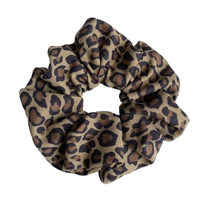 Classic leopard print fabric scrunchie with elastic hair tie for vintage ponytail styles