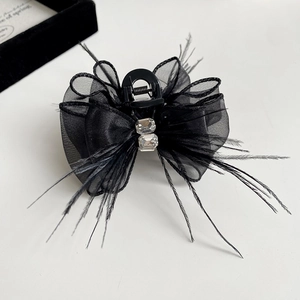 Princess Style Black Mesh Butterfly Bow Hair Claw Clip With Feather Rhinestone Vintage Elegant Shark Clip For Women