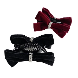 Elegant velvet bow hair clips with white pearls in classic black and burgundy wine colors
