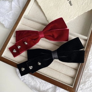 French Style Velvet Bow Hair Clip For Women Elegant Rhinestone Inlaid Duckbill Clip Retro Black Red Hairpin Accessory