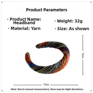 Detail view of multicolored woven yarn headband with handmade label and 16cm dimensions